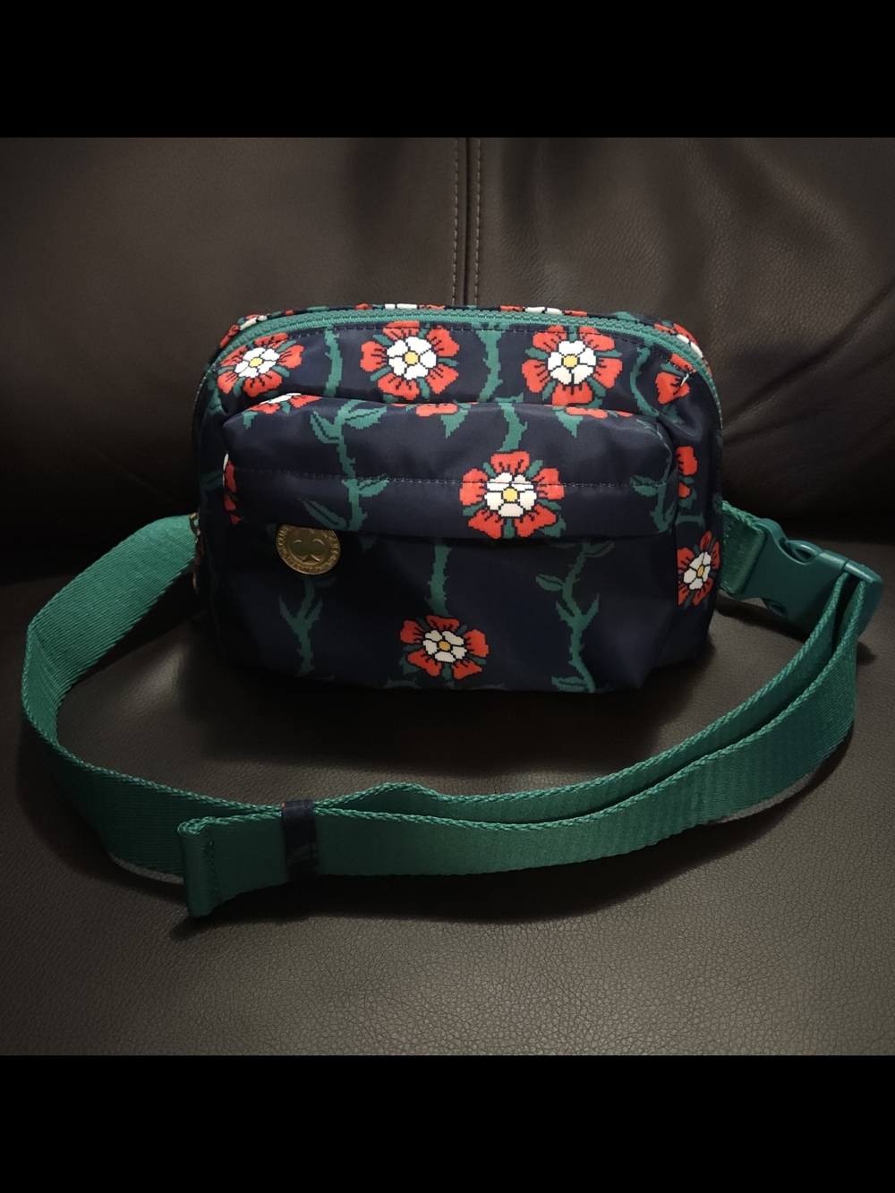 Rowing Blazers, Navy Floral Crossbody Belt Bag with Teal Strap WOW!